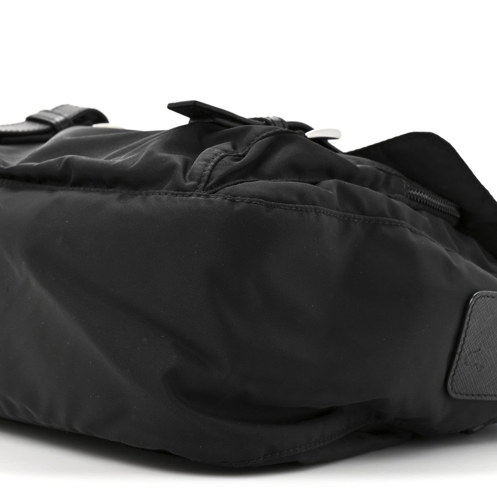 Re-Nylon Vela Saffiano Pocket Double Buckle Messenger Shoulder Bag Black