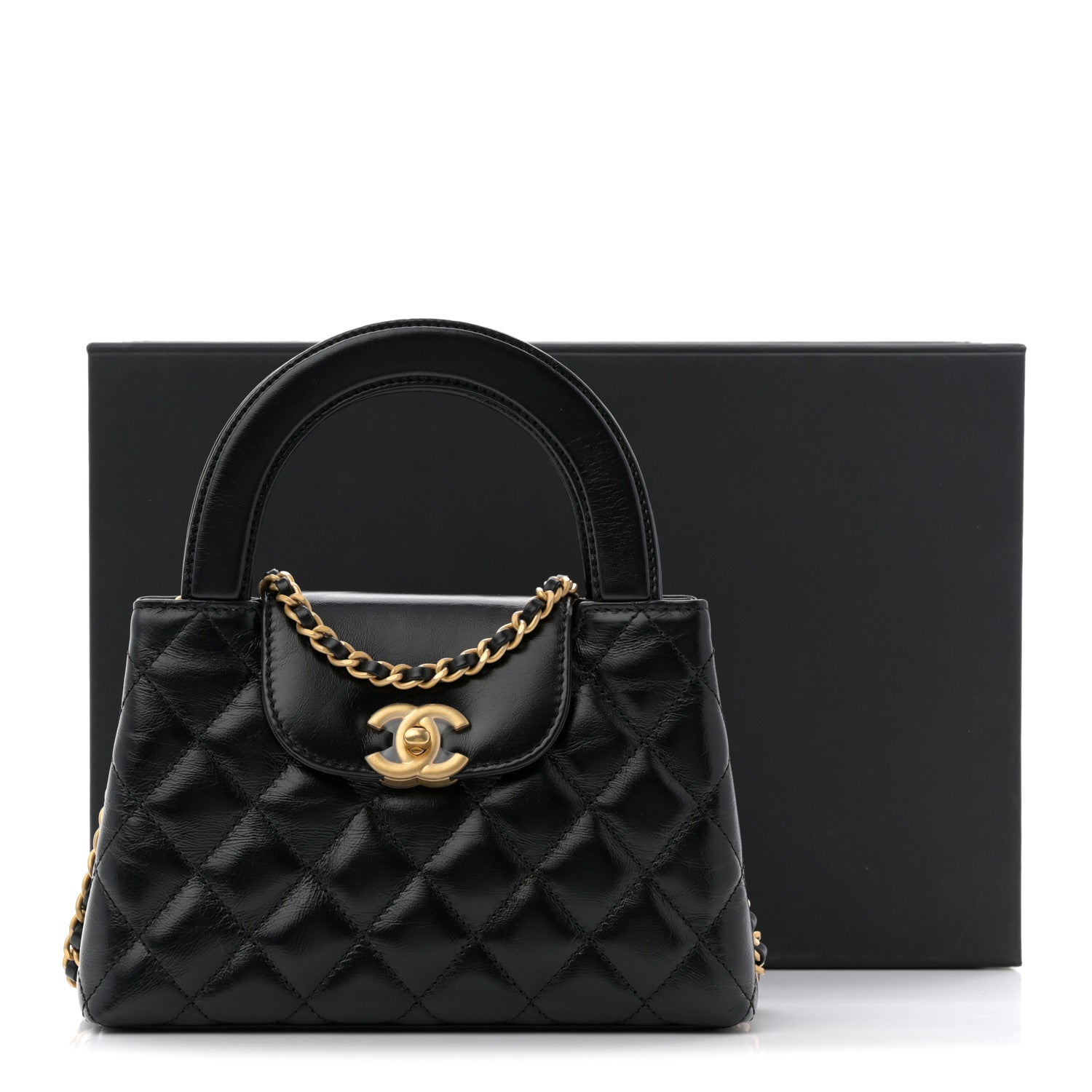 Shiny Aged Calfskin Quilted Nano Kelly Shopper Black