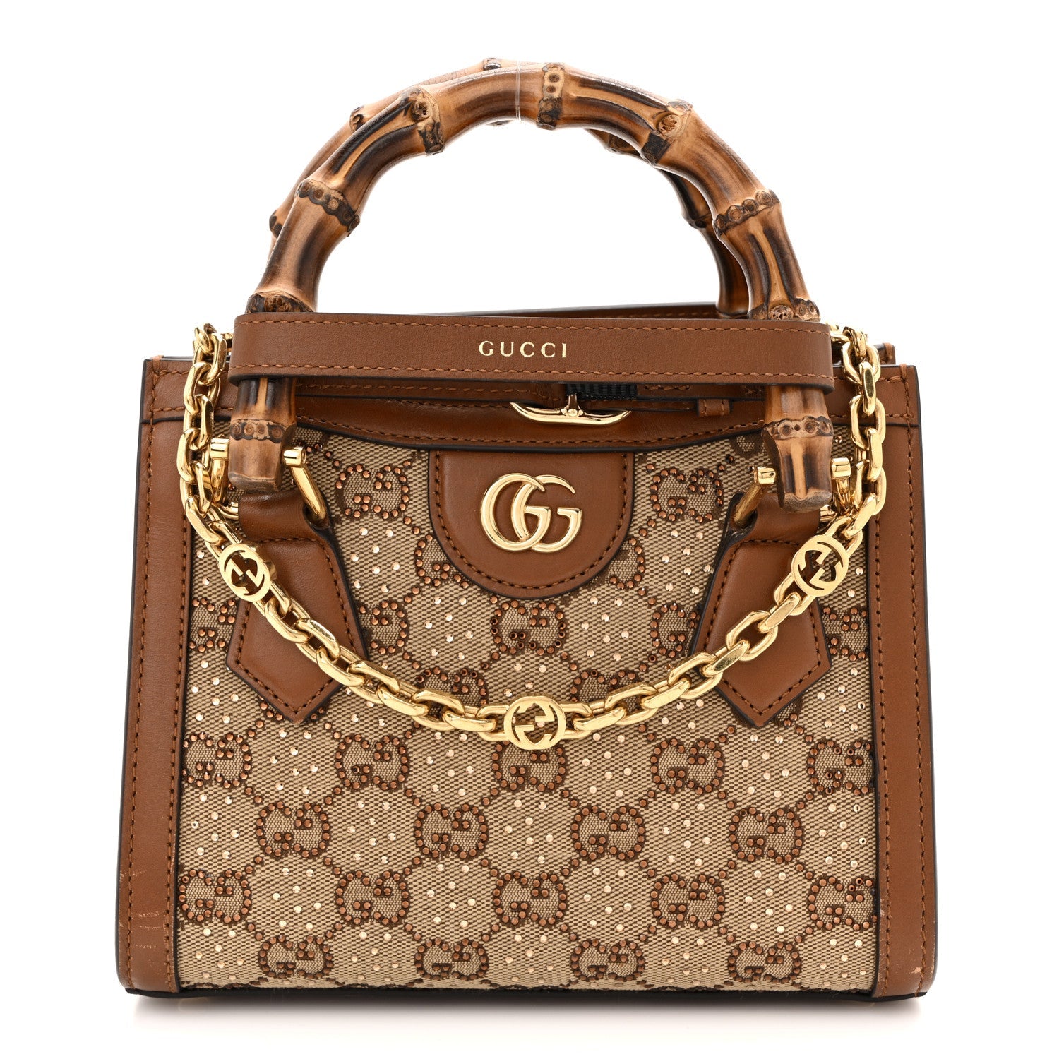 New Canvas Charisma Calfskin Crystal GG Monogram Mini Diana Tote Bag Camel Ebony