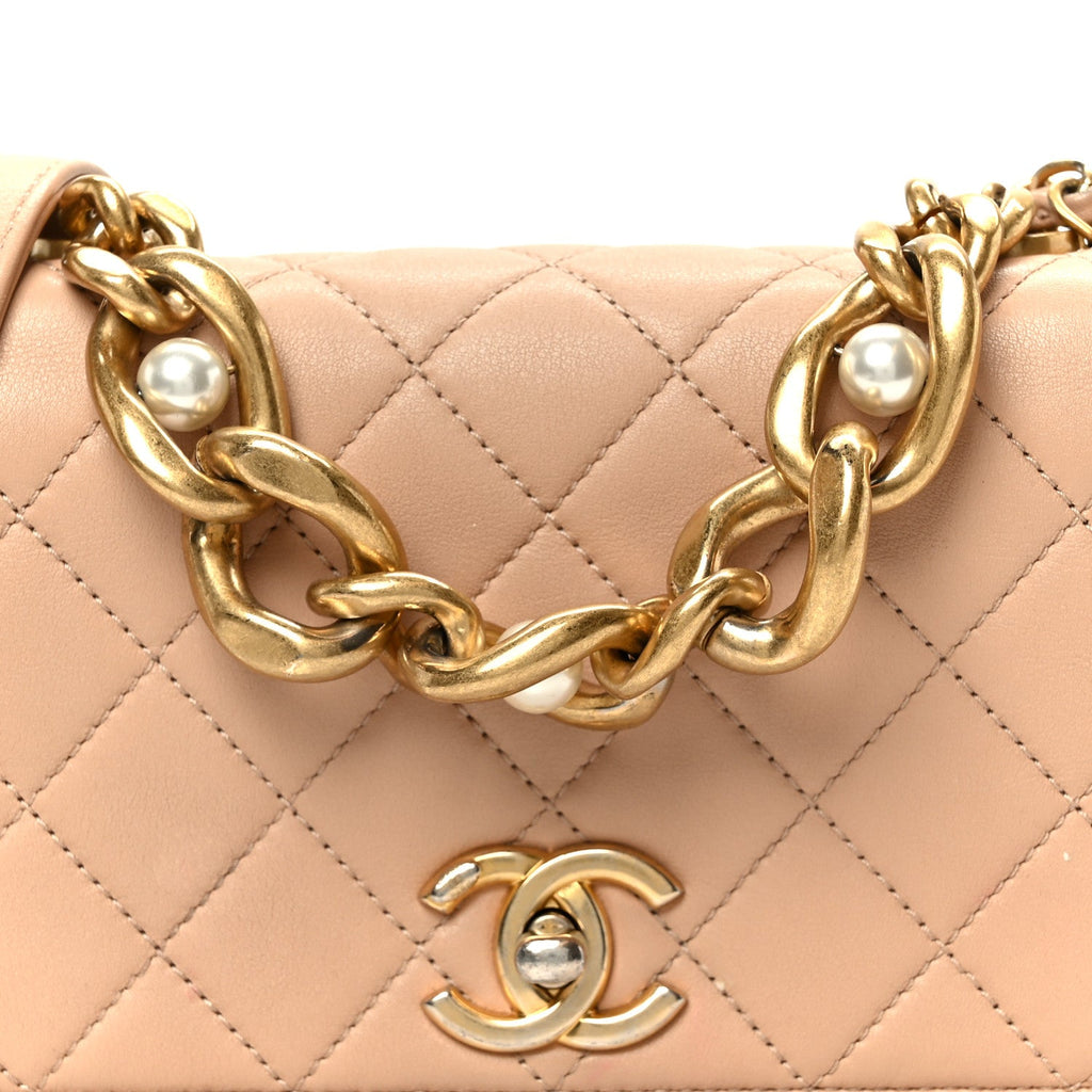 Calfskin Quilted Pearl Jewel Chain Flap Beige