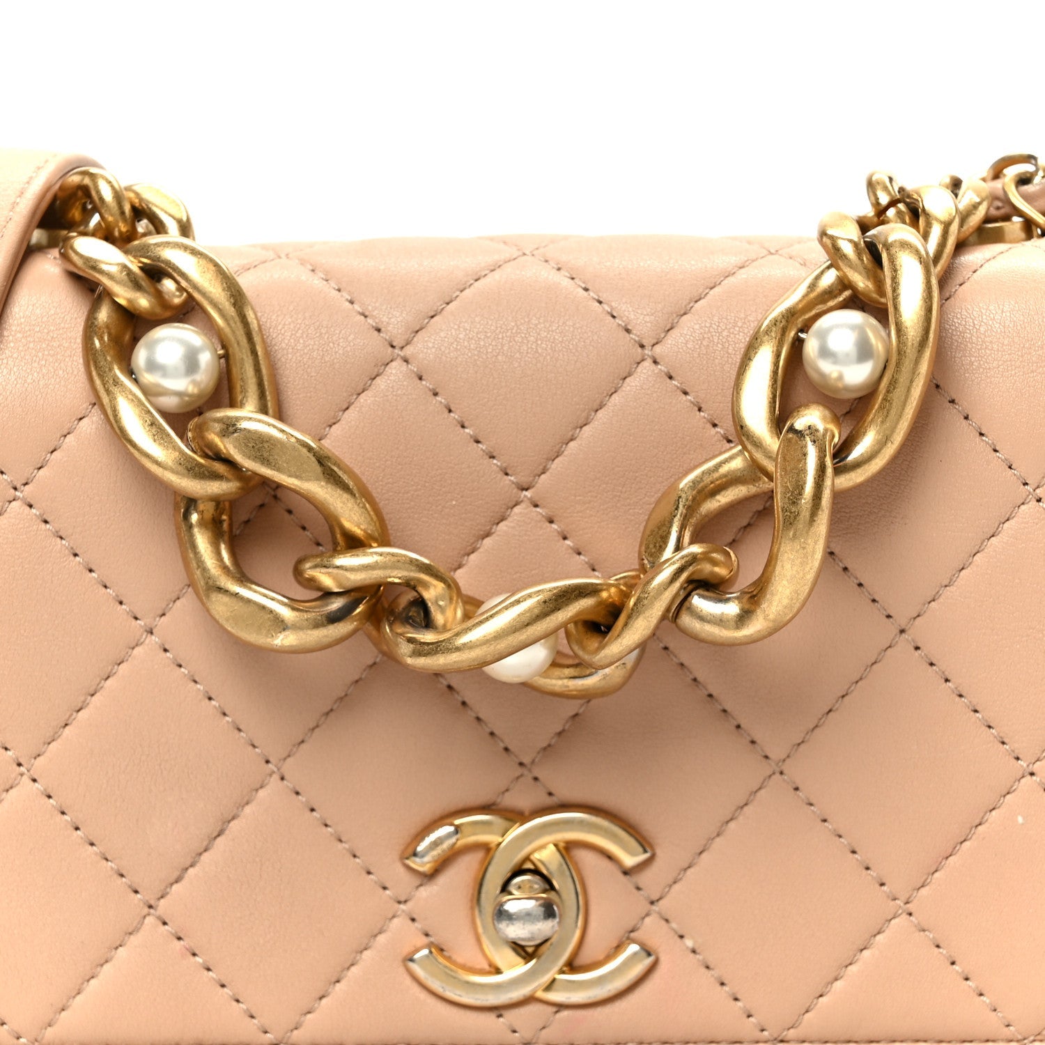 Calfskin Quilted Pearl Jewel Chain Flap Beige