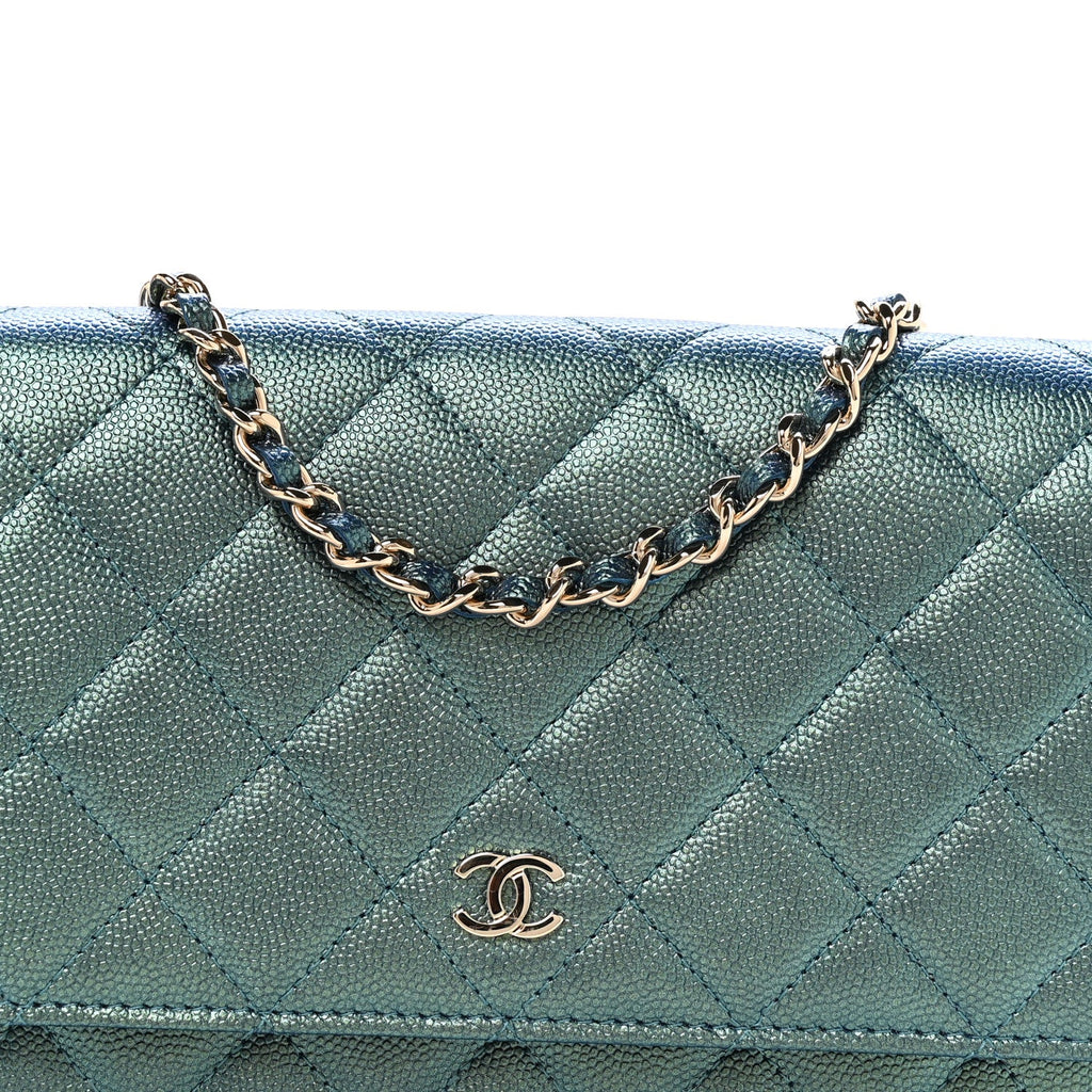 Iridescent Caviar Quilted Wallet on Chain WOC Dark Blue