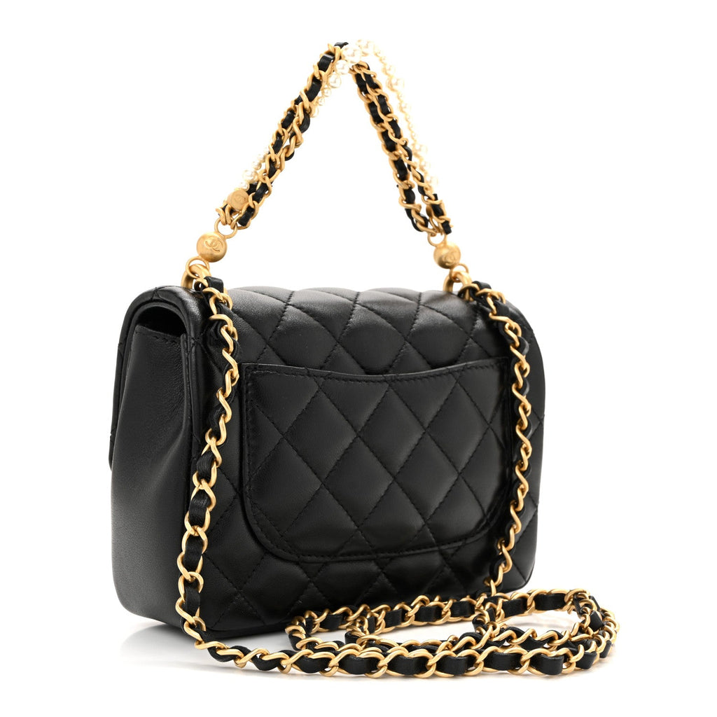 Shiny Lambskin Quilted Pearl Twist Mini Square Flap Black