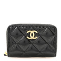 Shiny Lambskin Quilted Textured CC Zip Coin Purse Black