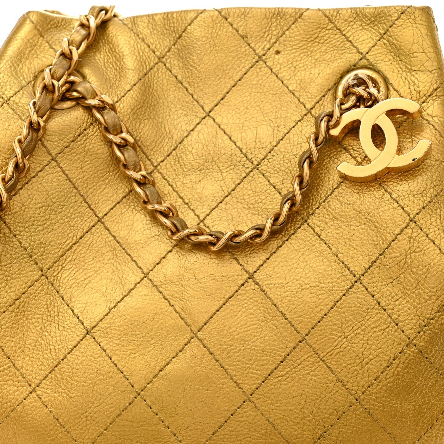 Metallic Calfskin Quilted Small Drawstring Bag Gold
