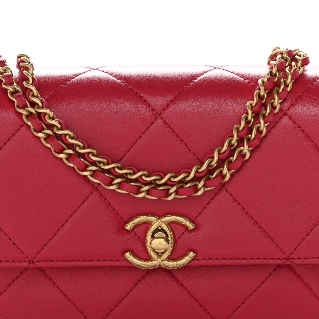 Lambskin Quilted Enamel Chain Logo Mini Flap Red