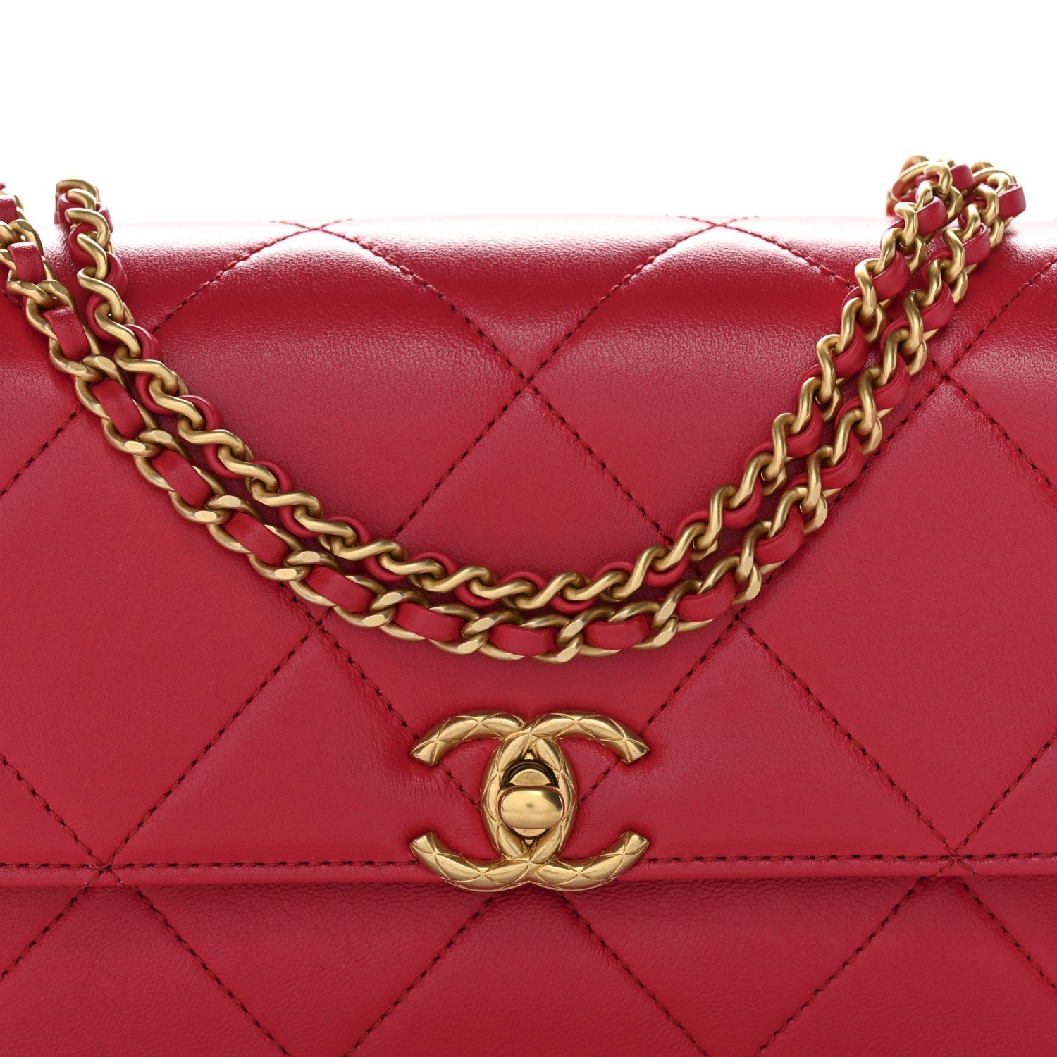 Lambskin Quilted Enamel Chain Logo Mini Flap Red