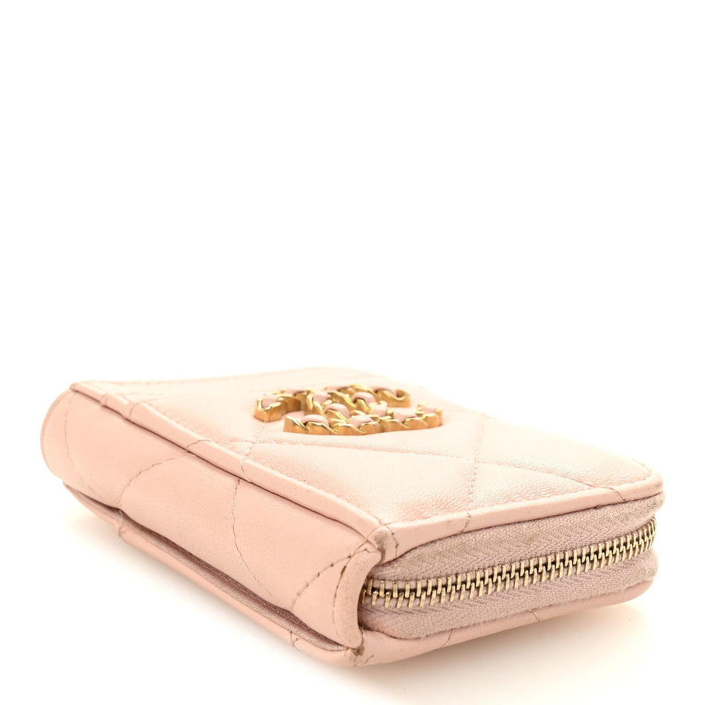 Lambskin Quilted Chanel 19 Vertical Zip  Holder Wallet Light Pink