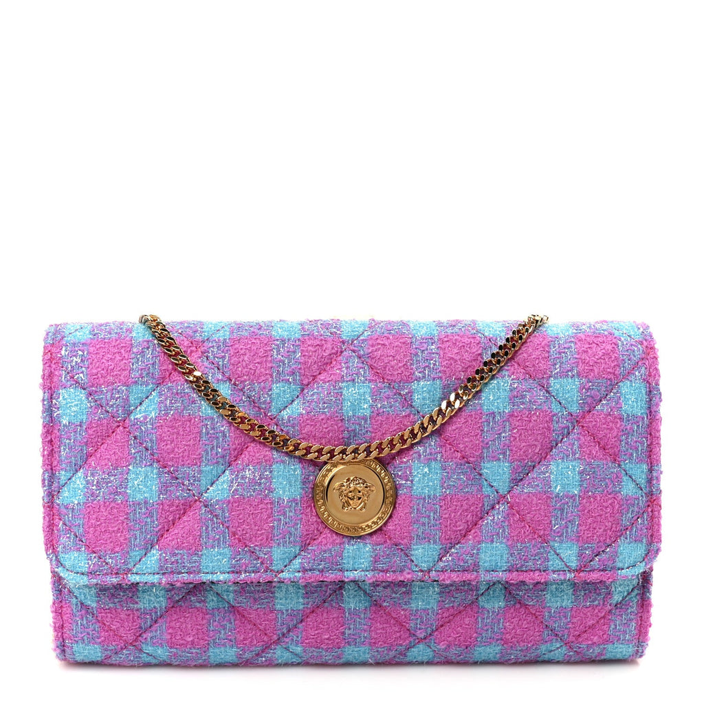 Tweed Quilted Medusa Wallet on Chain Crossbody Pink Blue