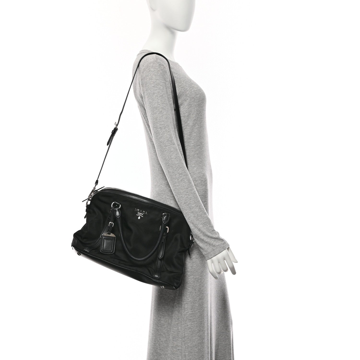 Tessuto Nylon Calfskin Dome Satchel Black