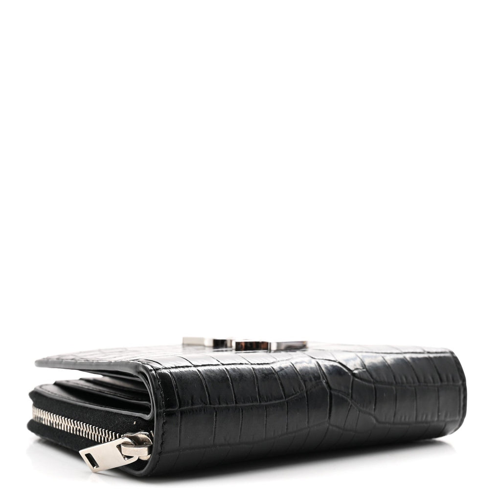Calfskin Crocodile Embossed Monogram Compact Wallet Black