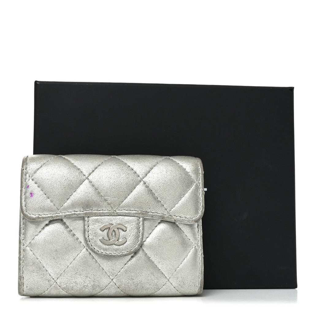 Metallic Lambskin Quilted Flap  Holder Wallet Silver
