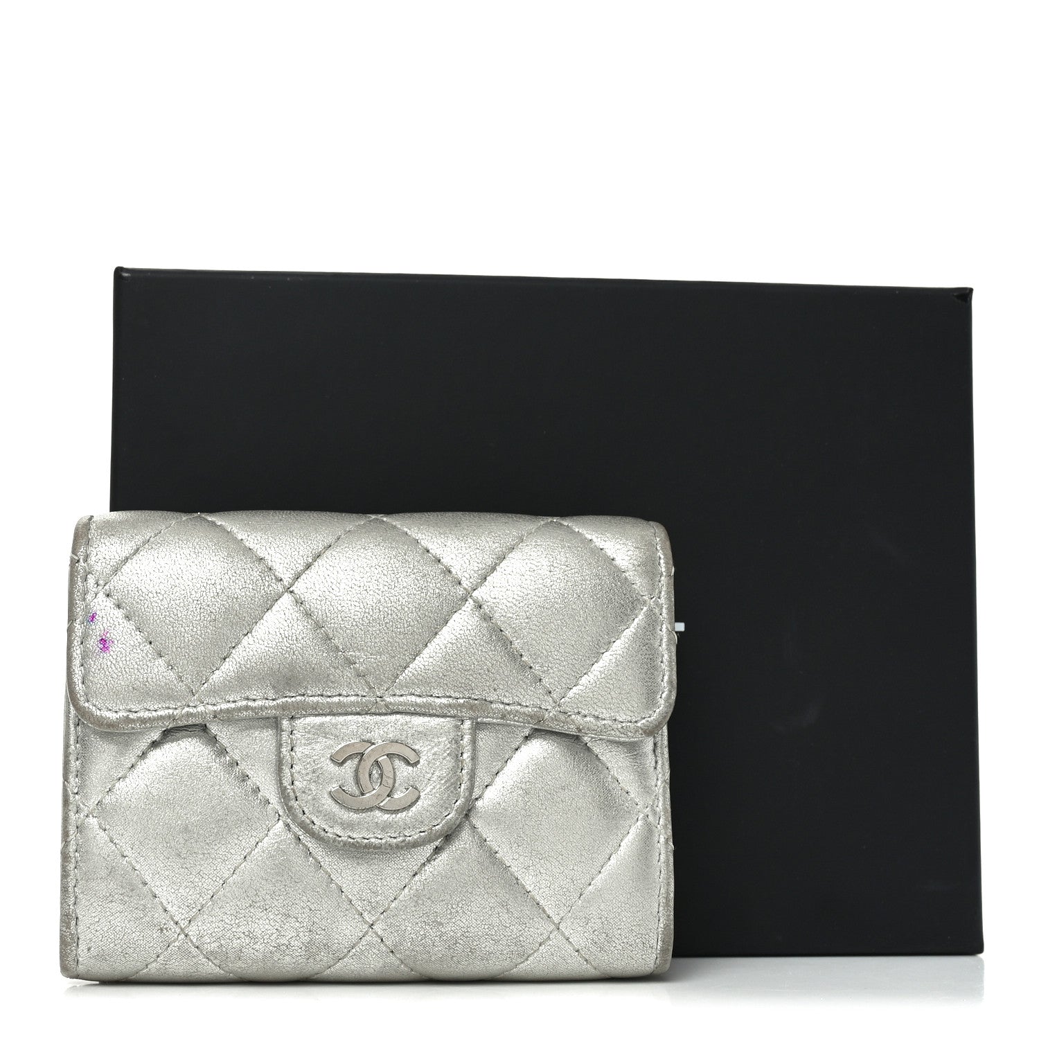 Metallic Lambskin Quilted Flap  Holder Wallet Silver