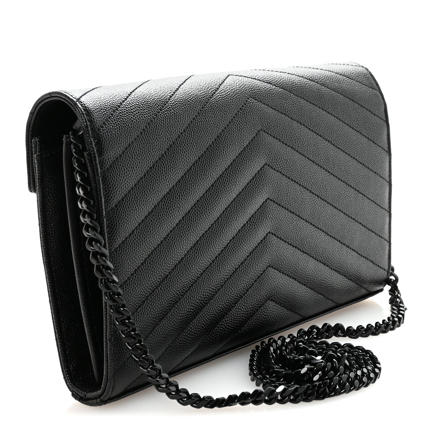 Grain De Poudre Matelasse Chevron Monogram Monochrome Chain Wallet Black