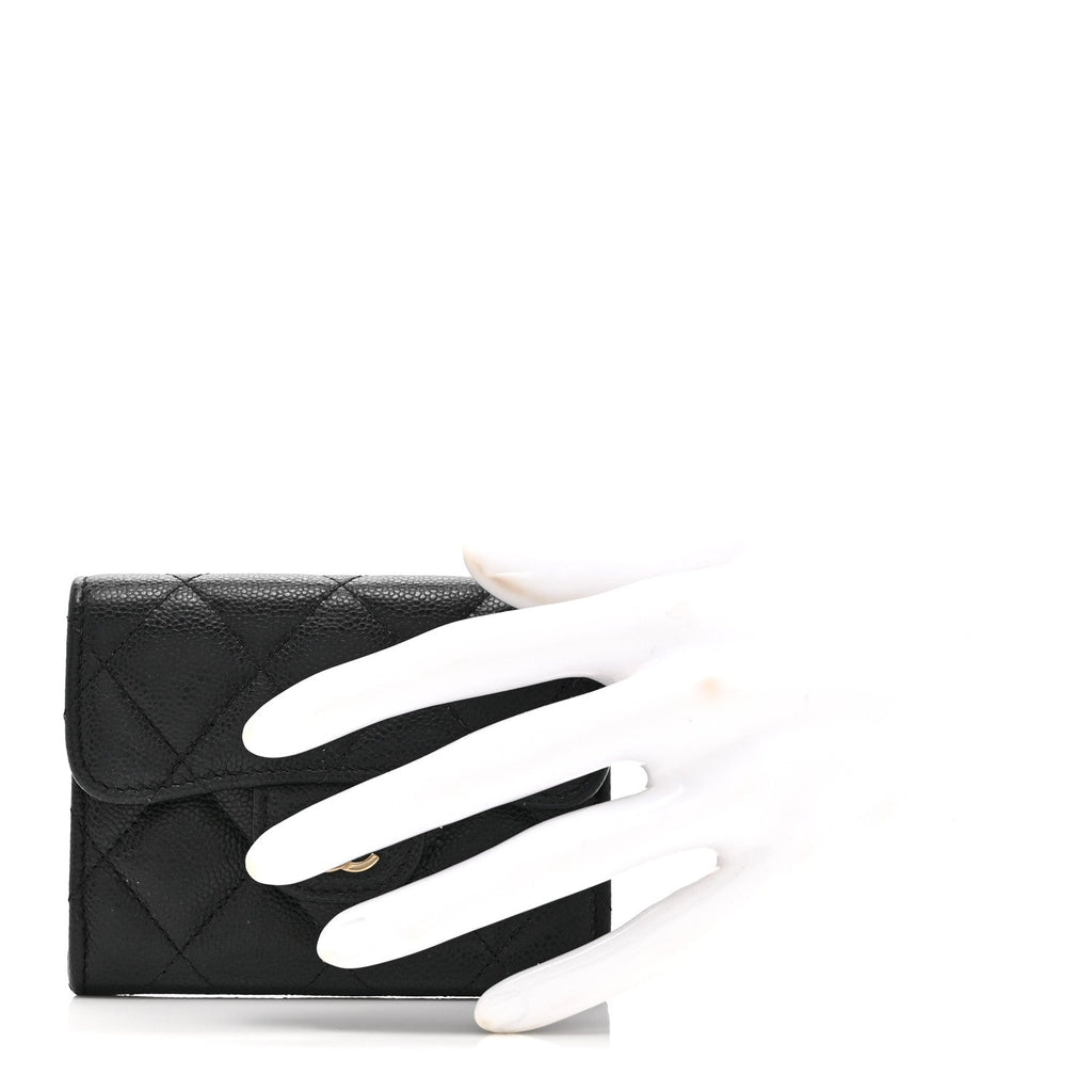 Caviar Quilted Flap  Holder Wallet Black