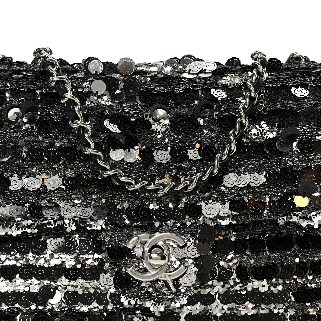 Sequin Quilted Small Single Flap Silver Black