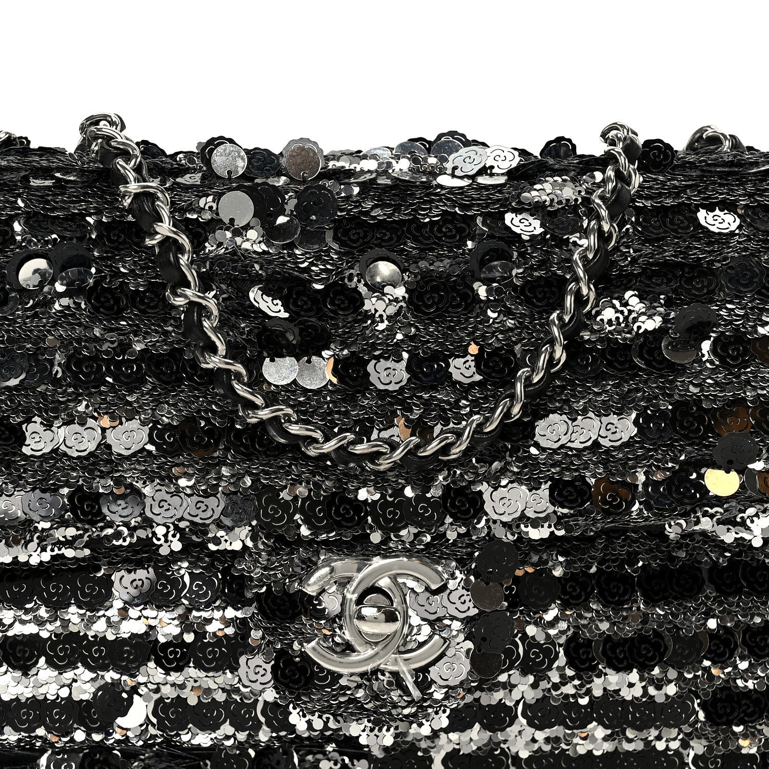 Sequin Quilted Small Single Flap Silver Black