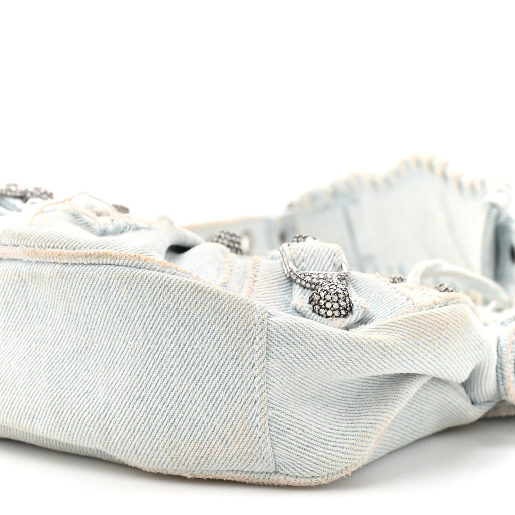 Washed Frayed Denim Crystal XS Le Cagole Shoulder Bag Pale Blue