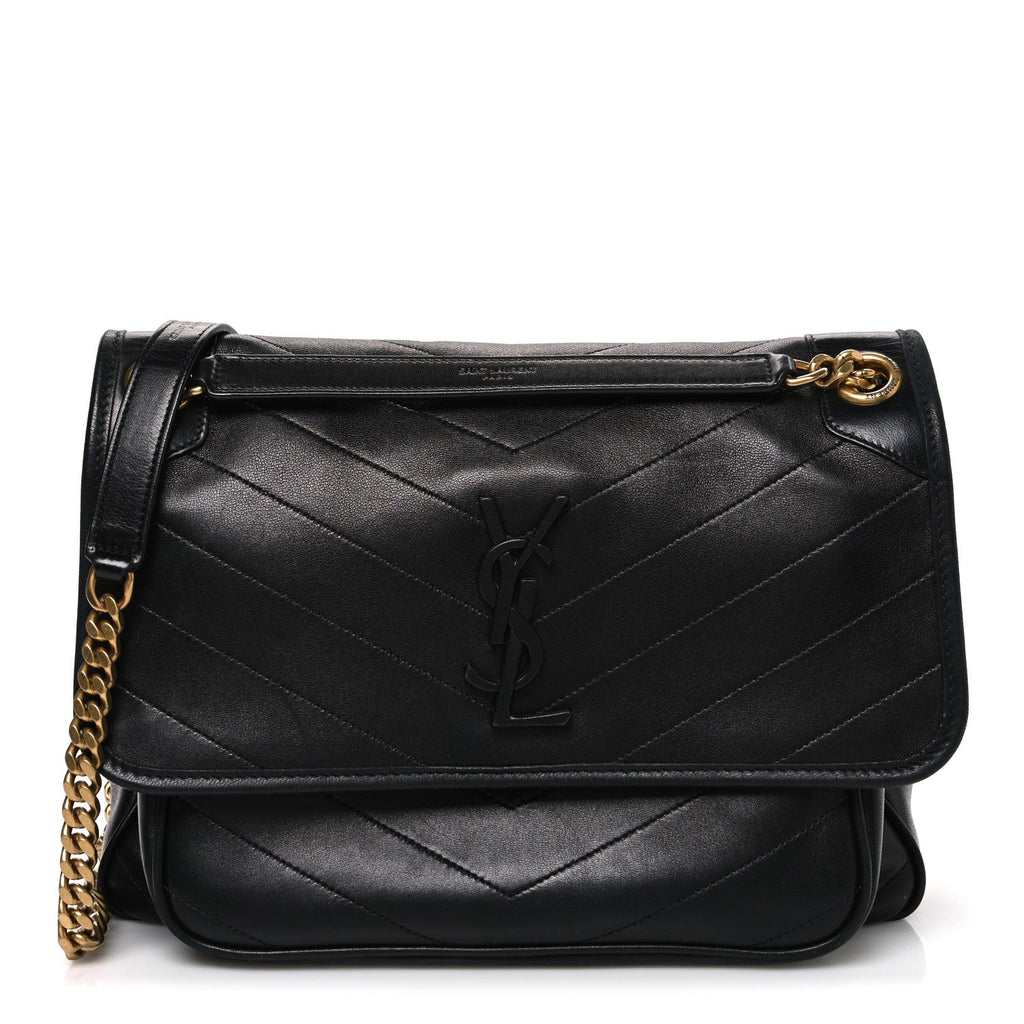 Crinkled Calfskin Matelasse Monogram Medium Niki Chain Satchel Black