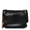 Crinkled Calfskin Matelasse Monogram Medium Niki Chain Satchel Black
