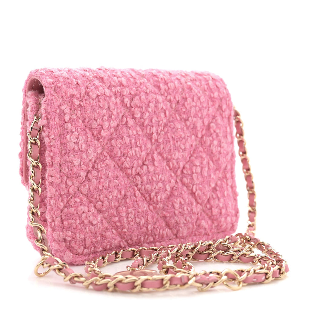 Tweed Quilted Flap Chain Waist Bag Pink