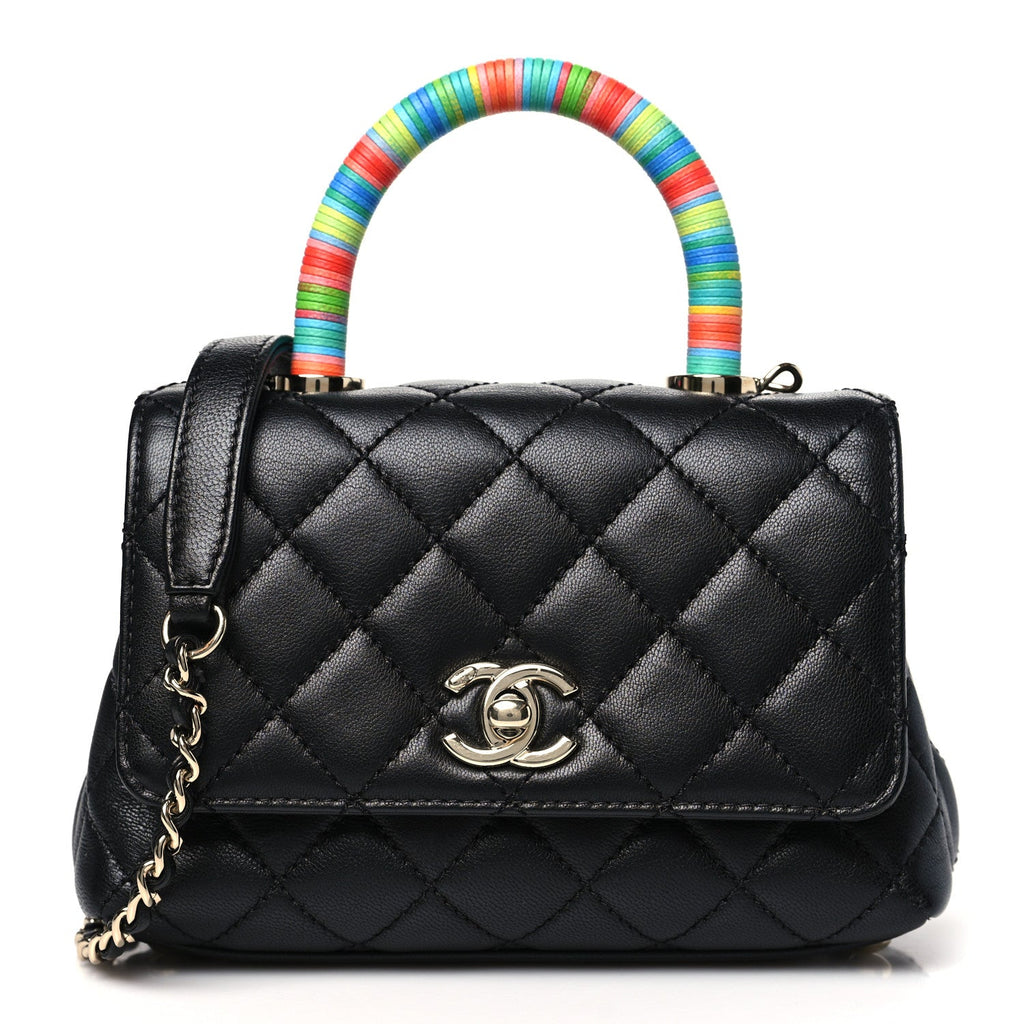 Goatskin Quilted Rainbow Extra Mini Coco Handle Flap Black