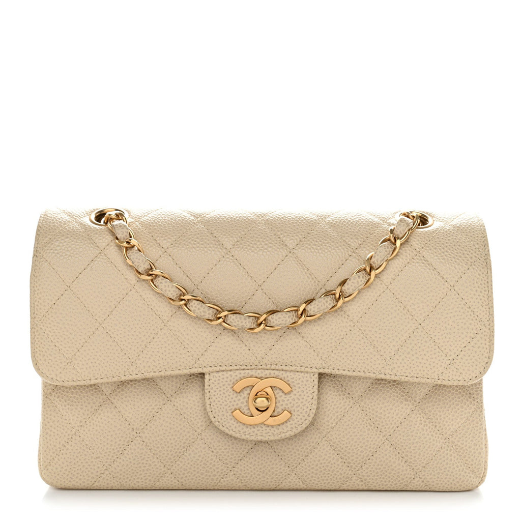 Caviar Quilted Small Double Flap Beige