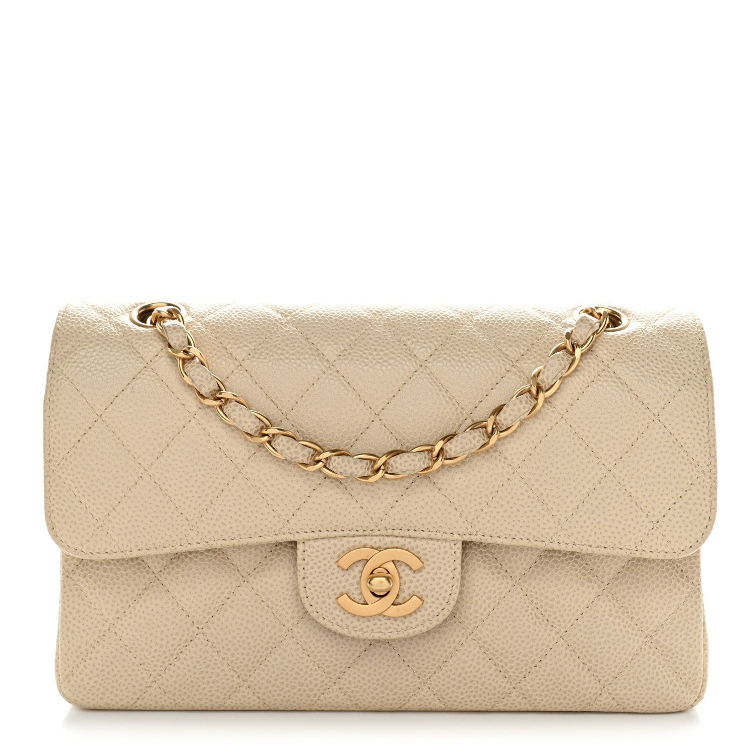 Caviar Quilted Small Double Flap Beige