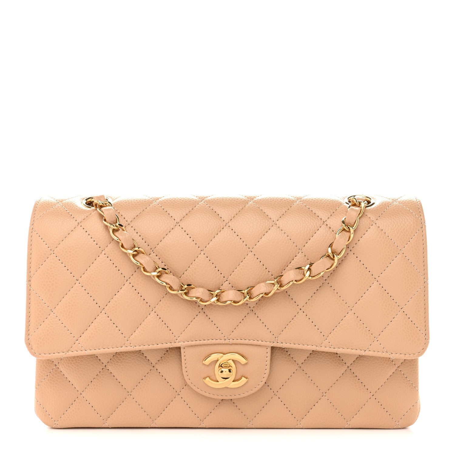 Caviar Quilted Medium Double Flap Beige