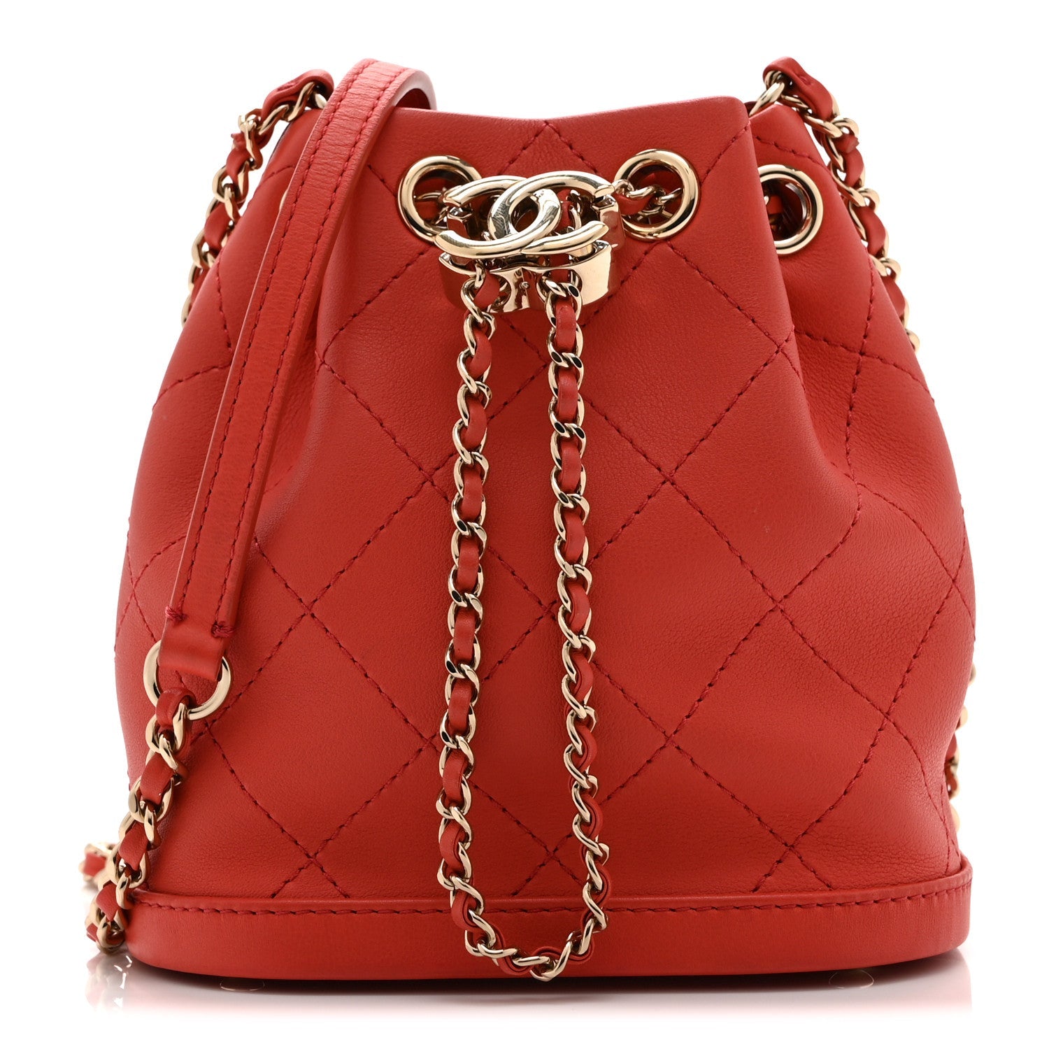 Calfskin Stitched Chain Bucket Bag Coral