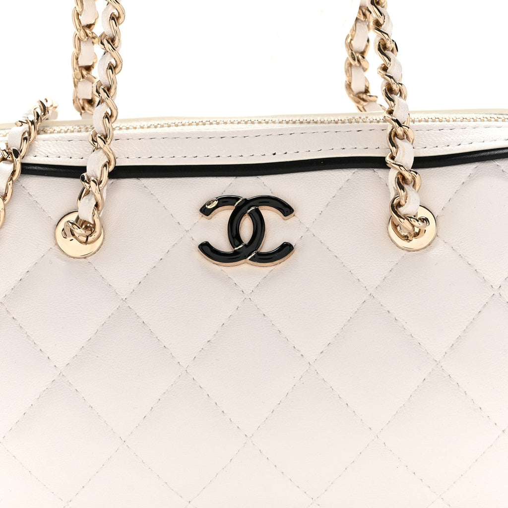 Lambskin Quilted Resin CC Mini Bowling Clutch With Chain White Black