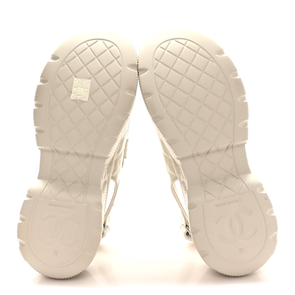 Shiny Calfskin Chain CC Velcro Dad Platform Sandals 39 White
