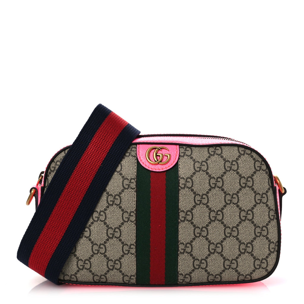 GG Supreme Monogram Textured Dollar Calfskin Web Ophidia Small Crossbody Bag Beige Ebony Fuchsia