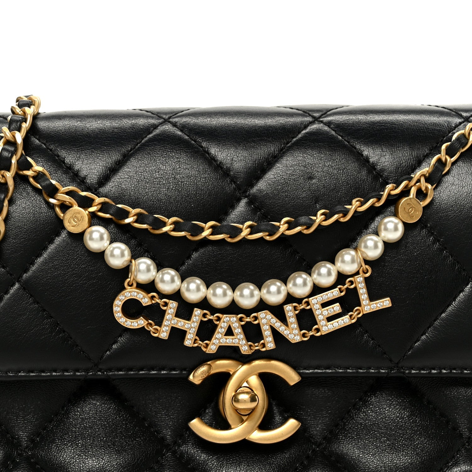 Shiny Lambskin Quilted Mini Pearl Logo Flap Black