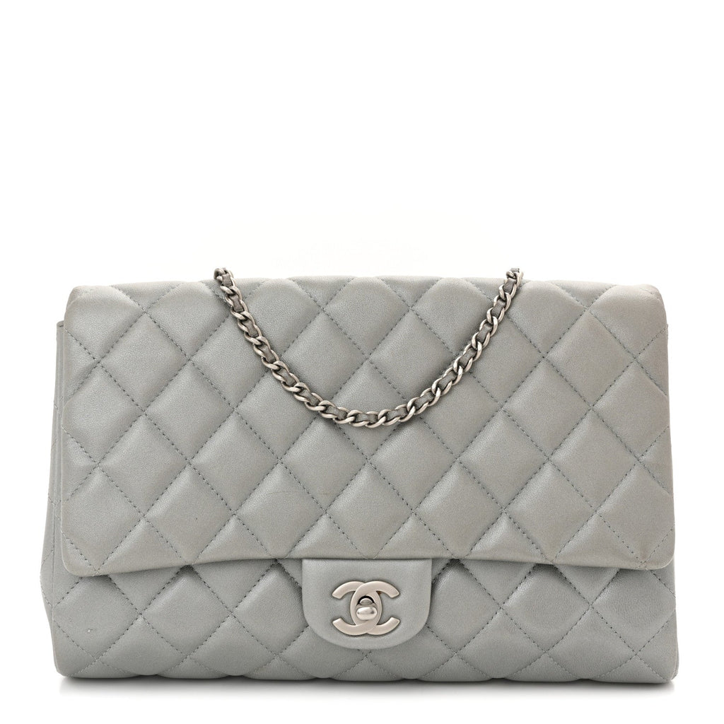 Metallic Lambskin Quilted Clutch With Chain Flap Silver