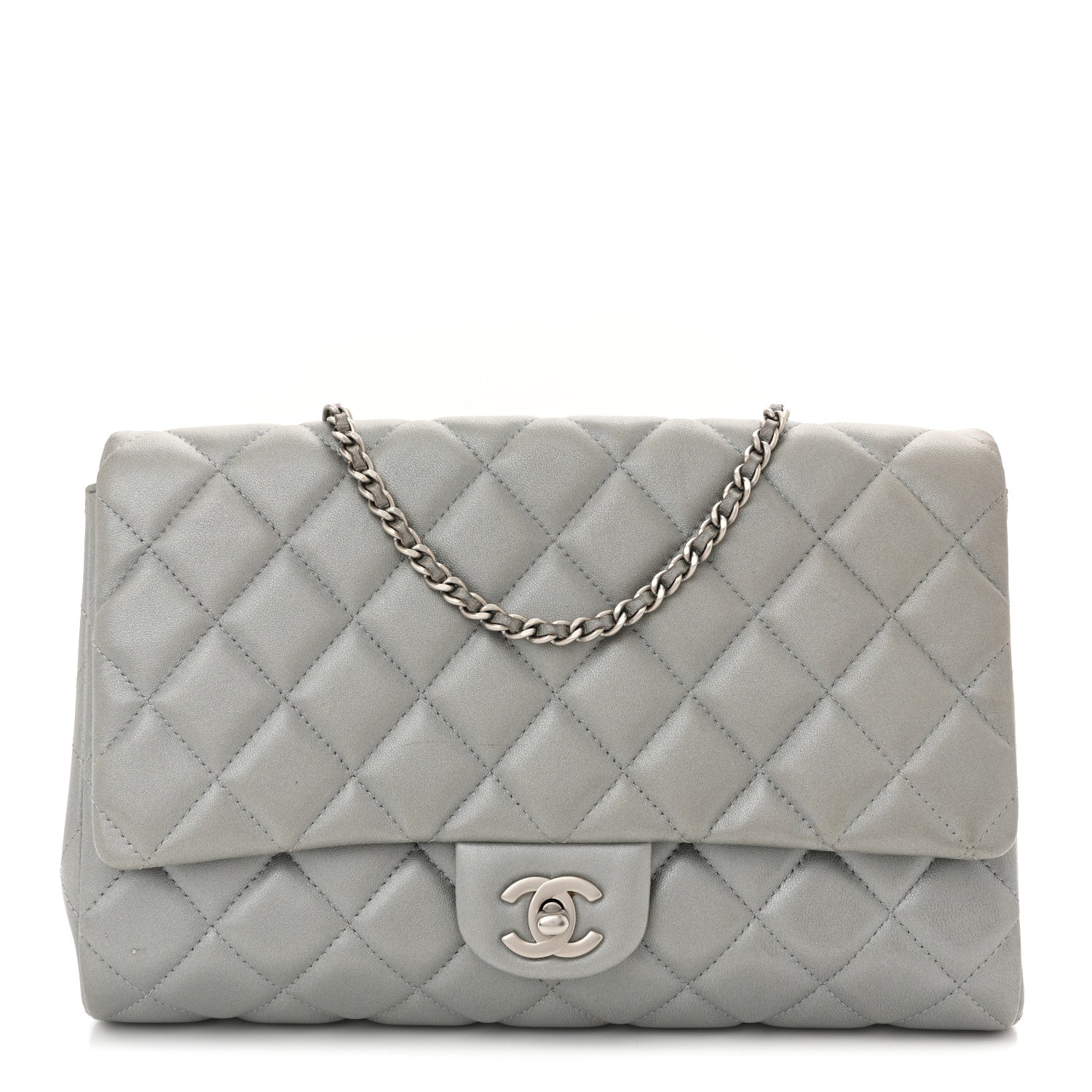 Metallic Lambskin Quilted Clutch With Chain Flap Silver