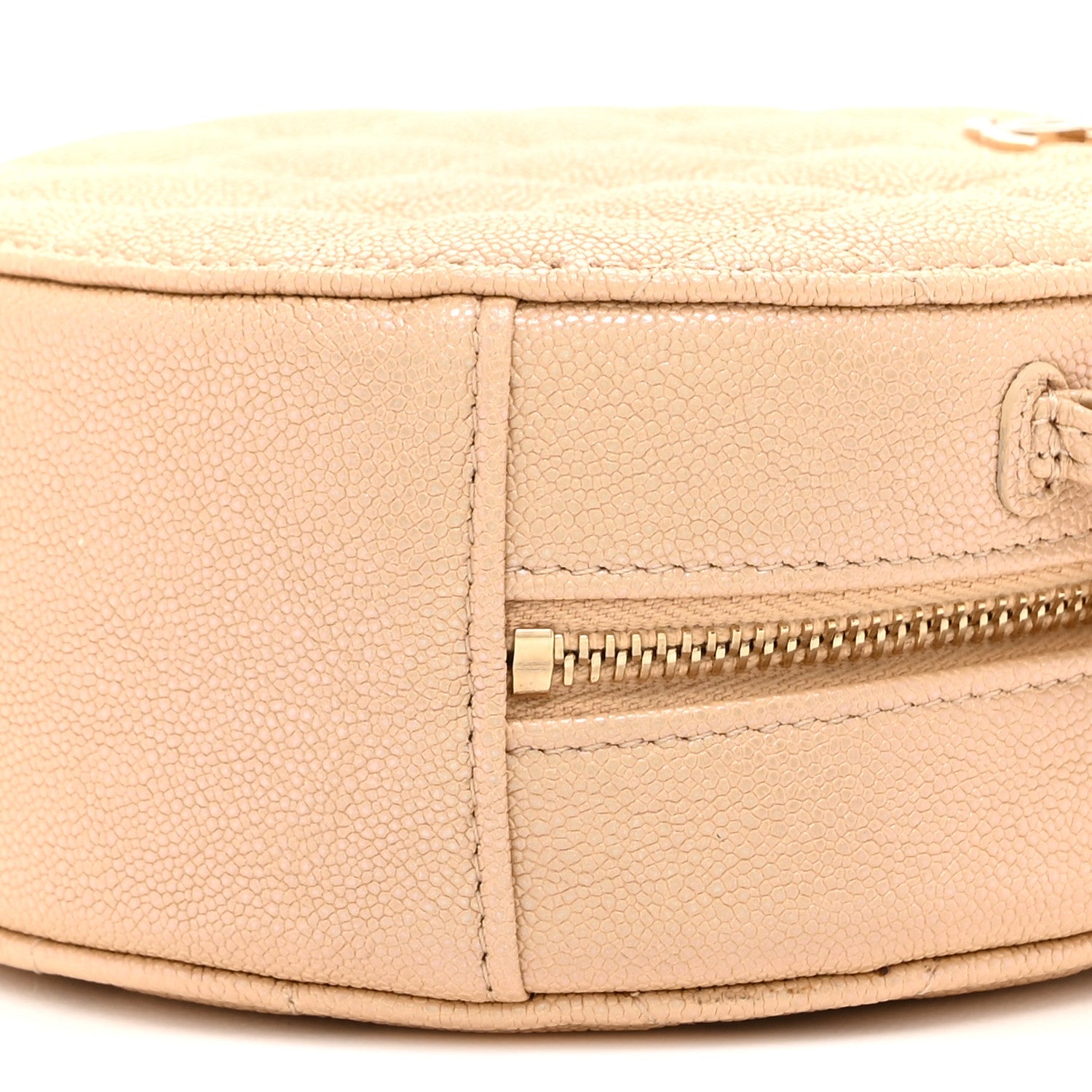 Iridescent Caviar Quilted Round Clutch With Chain Beige