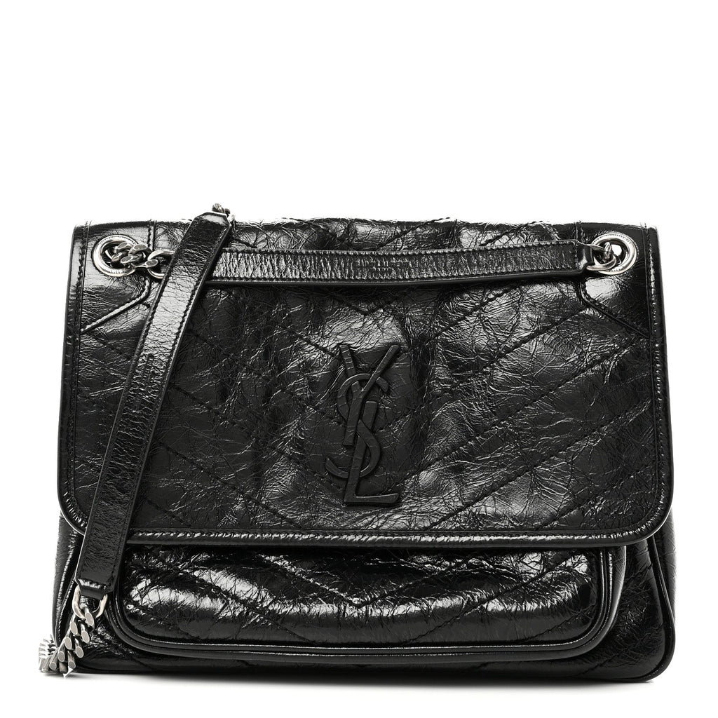 Crinkled Calfskin Matelasse Monogram Medium Niki Chain Satchel Black