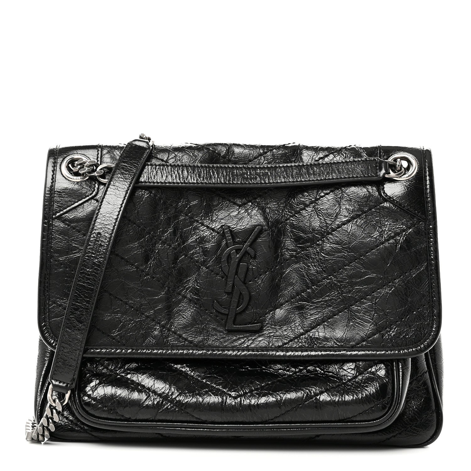 Crinkled Calfskin Matelasse Monogram Medium Niki Chain Satchel Black