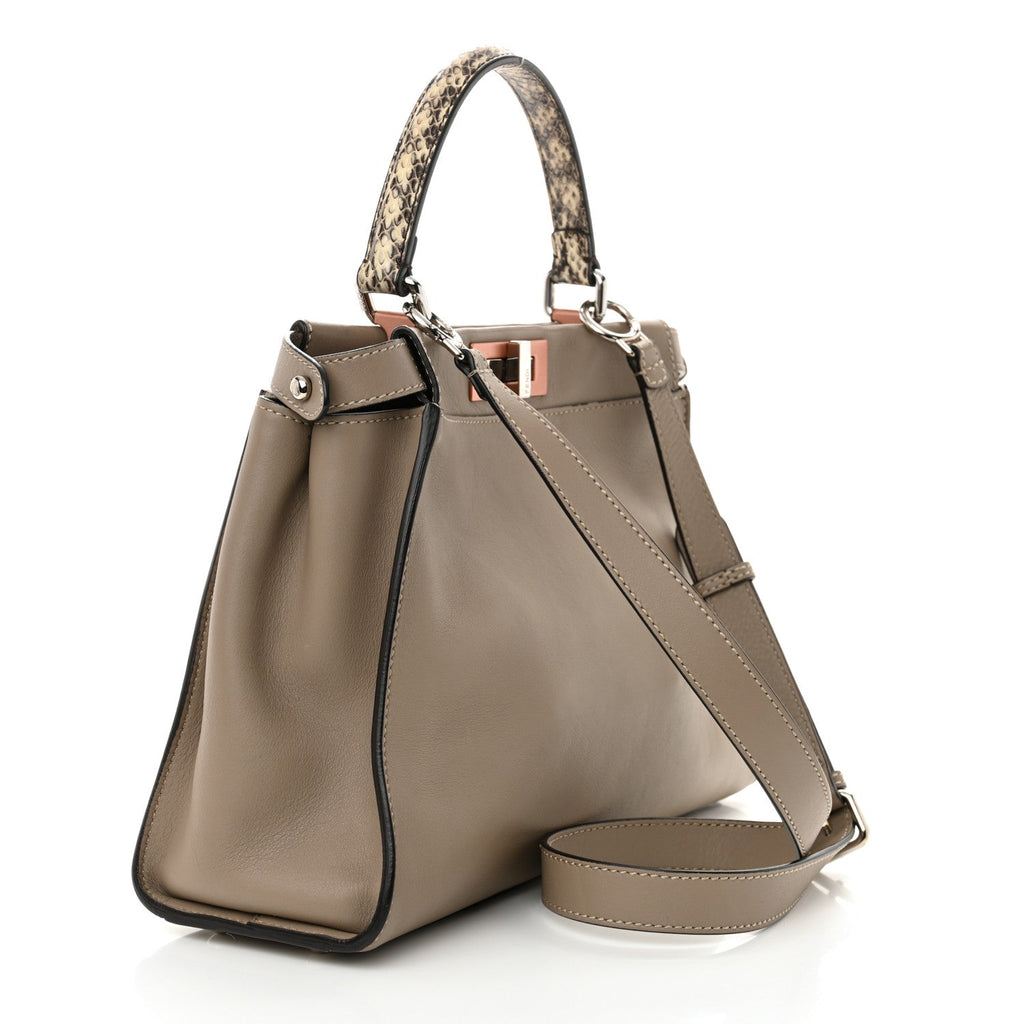 Vitello Seta Shiny Nappa Elaphe Medium Peekaboo Iconic Satchel Tortora Natural Ebano