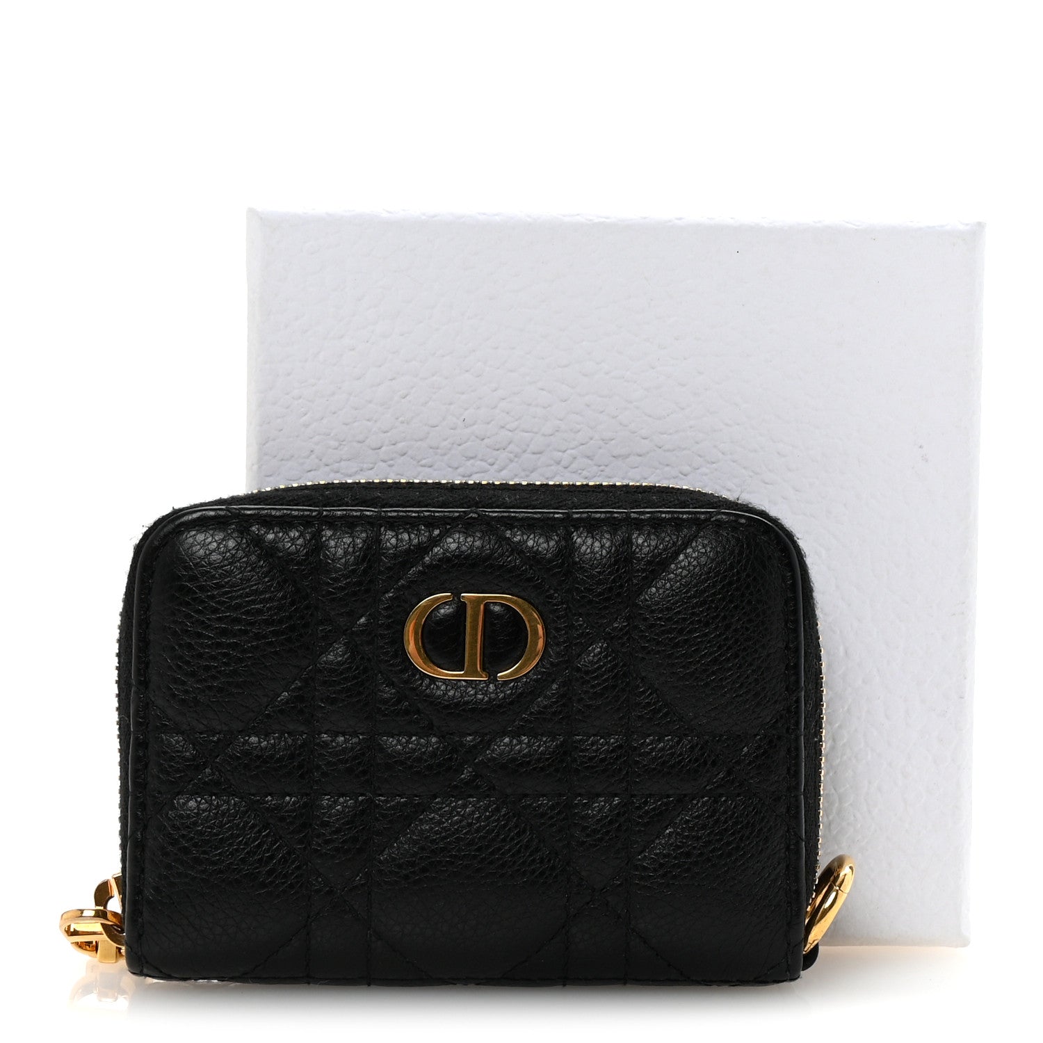 Grained Calfskin Supple Cannage Caro Compact Zip  Wallet Black
