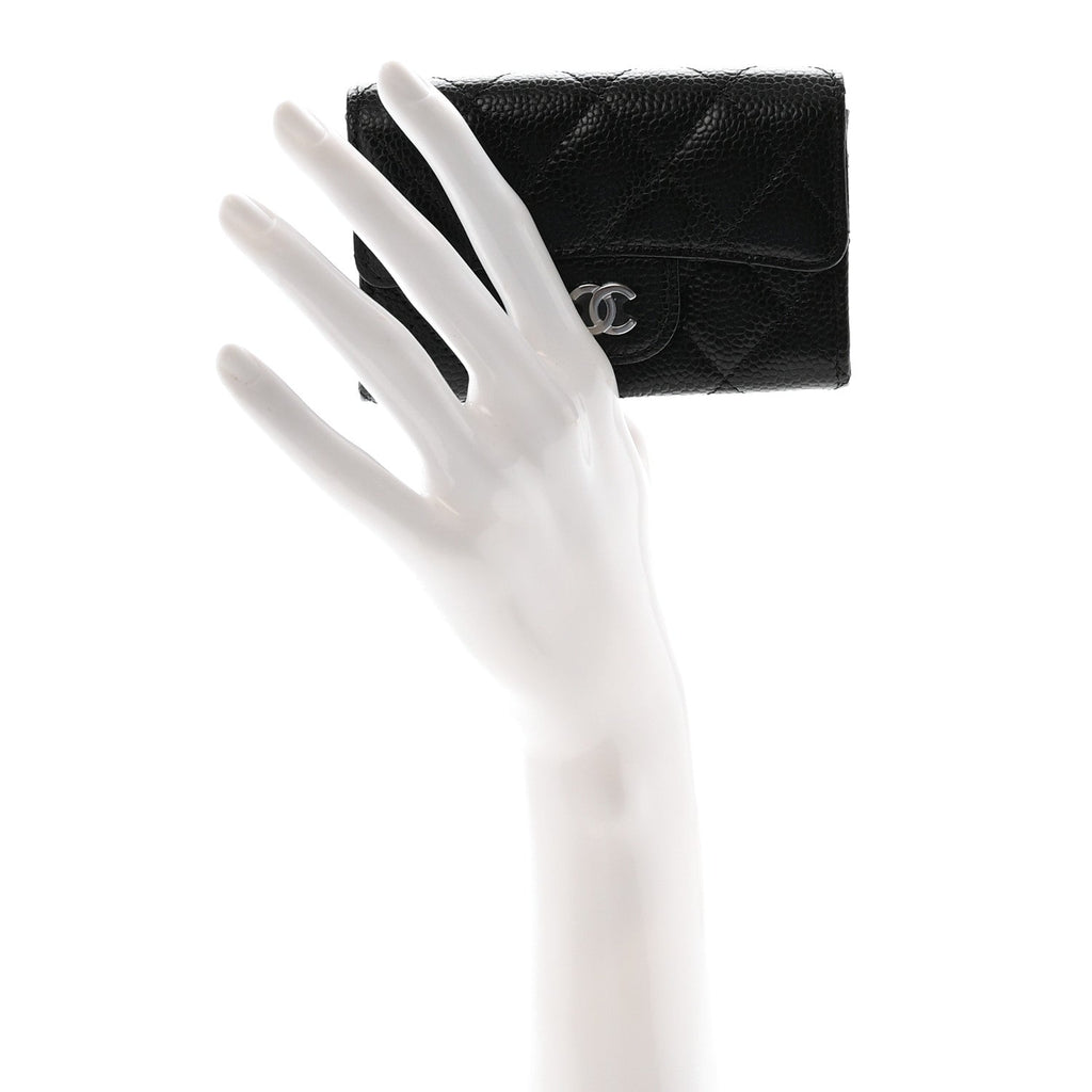 Caviar Quilted Flap  Holder Wallet Black