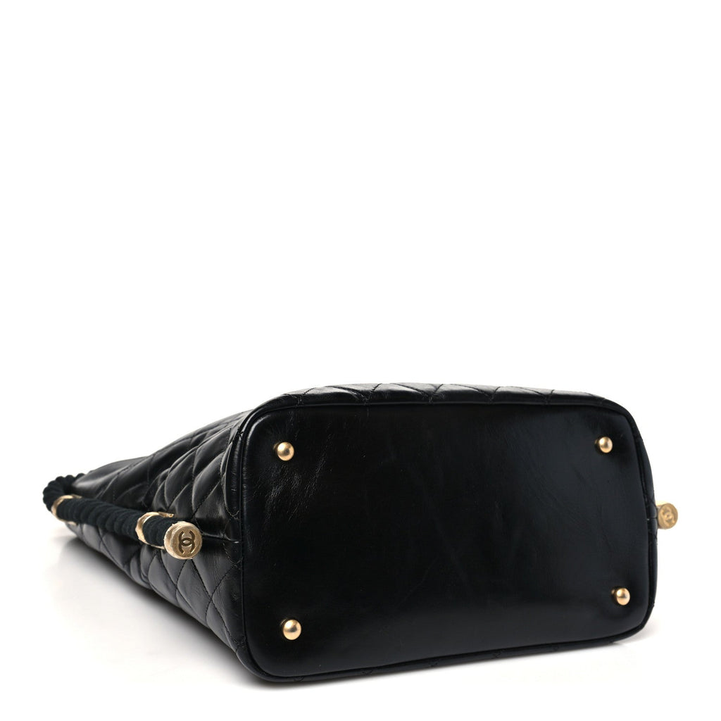 Crumpled Calfskin En Vogue Rope Hobo Bag Black