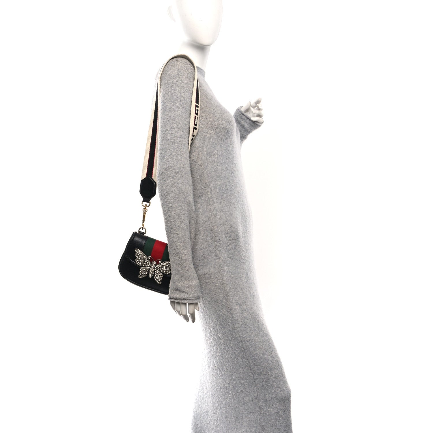 Calfskin Web Crystal Butterfly Stripe Small Totem Shoulder Bag Black