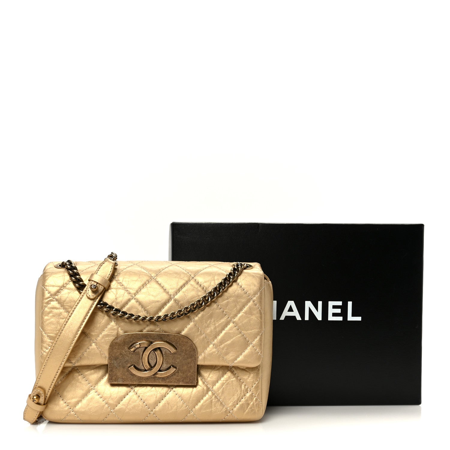 Metallic Aged Calfskin Quilted CC Square Flap Light Gold