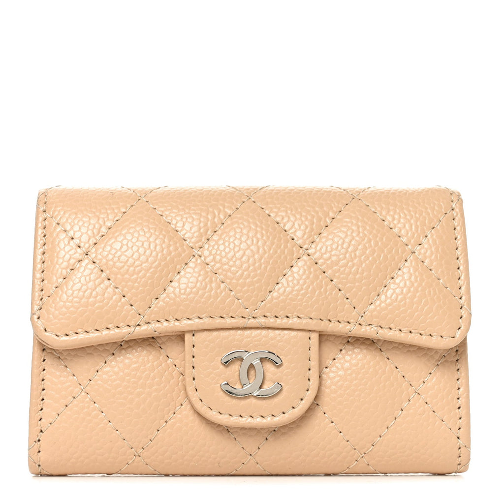 Caviar Quilted Flap  Holder Wallet Beige