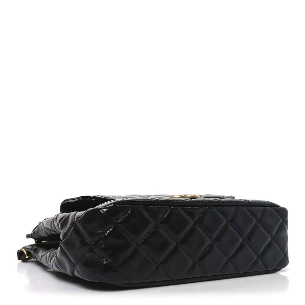 Shiny Crumpled Calfskin Quilted Wavy CC Hobo Black