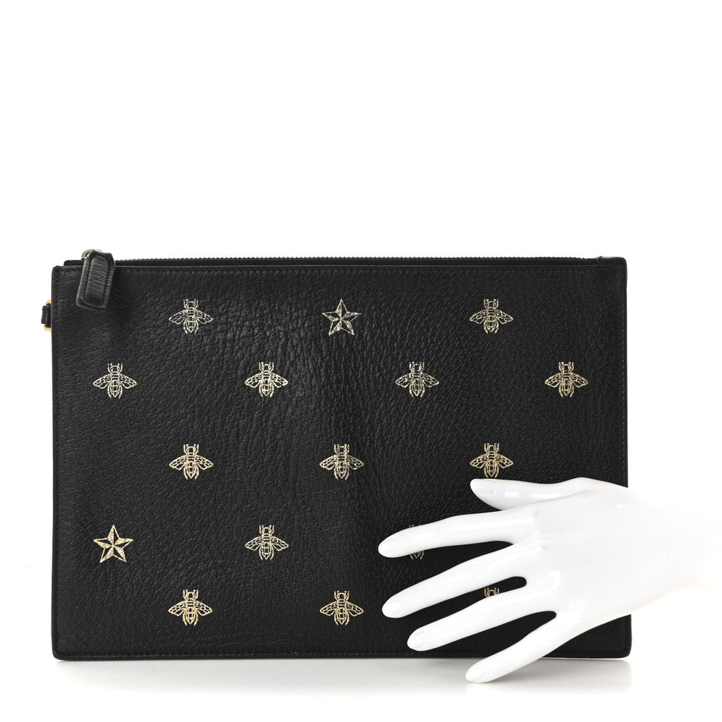 Dollar Calfskin Boar Effect Bee Star Zip Wristlet Pouch Black
