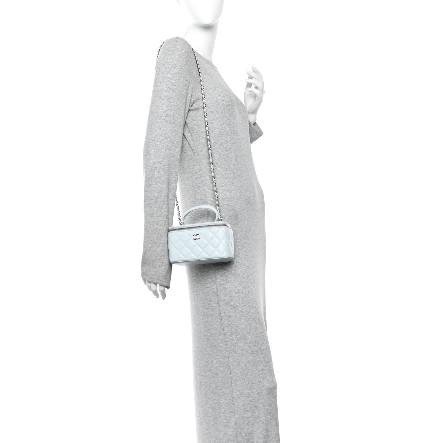 Lambskin Quilted Small Top Handle Vanity Case With Chain Light Blue