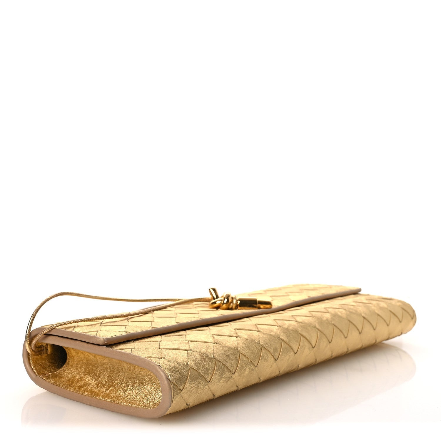 Metallic Satin Lambskin Intrecciato Long Andiamo Top Handle Clutch Gold